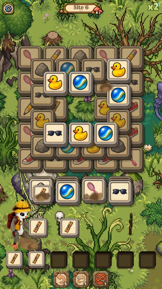 Possum Archaeologists gameplay: a layered pile of relic tiles above a seven-slot tray.